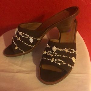 WALTER STEIGER Brown Canvas Sea Shells Open Toe HEELS SANDALS SLIDES Mules 8!